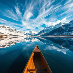 A serene lake nestled within a ring of snow-capped mountains, reflecting the azure sky and wispy clouds. A wooden canoe glides across the glassy surface, leaving a gentle ripple in its wake.