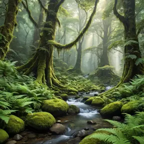 A dense, ancient forest with towering, moss-covered trees, a carpet of ferns, and a hidden, crystal-clear stream winding through the undergrowth.