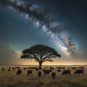 A vast, open savanna under a vast, star-filled sky, with herds of grazing animals silhouetted against the horizon, and the Milky Way stretching across the heavens.