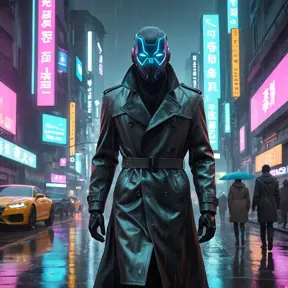 A towering, neon-drenched cyberpunk city, with holographic billboards advertising illicit services and flying vehicles weaving through the smog-filled sky. In the foreground, a lone figure in a trench coat walks down a rain-slicked street, their face obscured by a glowing cybernetic mask.