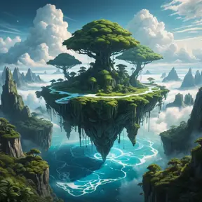 A surreal, otherworldly landscape, with floating islands suspended in a sky filled with swirling clouds. Strange, bioluminescent plants illuminate the scene with an ethereal glow.