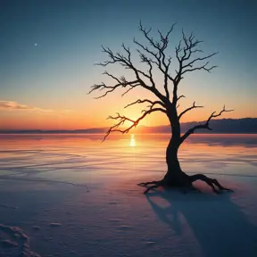 A lone, ancient tree silhouetted against a breathtaking sunset over a vast, reflective salt flat, stars beginning to appear in the deep blue sky, dreamlike and ethereal