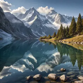 A serene alpine lake reflecting the towering, snow-capped peaks of the surrounding mountains, with a gentle mist hovering over the water's surface.