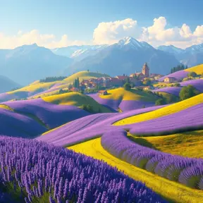 Rolling hills blanketed in lavender fields stretching towards a picturesque village nestled at the foot of snow-capped mountains, soft light, painterly style, calming atmosphere
