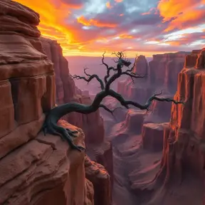 A vast, otherworldly canyon carved by time, with towering sandstone formations reaching towards a vibrant, sunset sky. A lone, weathered tree clings to the edge, its roots grasping the ancient rock.