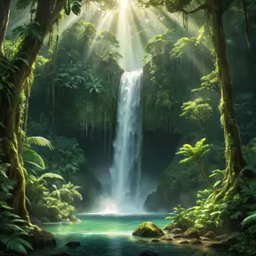 A cascading waterfall surrounded by lush, emerald-green rainforest, with rays of sunlight piercing through the dense canopy, creating a magical, ethereal glow.