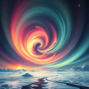 A swirling vortex of vibrant colors, representing the aurora borealis dancing across a frozen, arctic landscape. Stars twinkle in the night sky, casting a magical light on the scene.