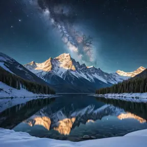 A snow-covered mountain range under a clear, starry night sky, with the Milky Way visible in the background and a frozen lake reflecting the celestial beauty.