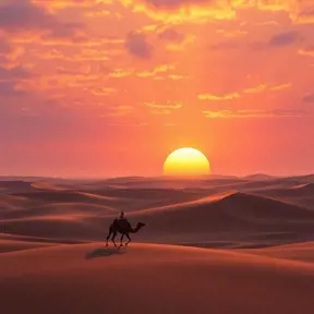 A vast, serene desert landscape at sunset, with towering sand dunes casting long shadows and a lone camel caravan silhouetted against the vibrant orange and purple sky.