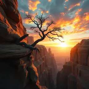 A vast, otherworldly canyon carved by time, with towering sandstone formations reaching towards a vibrant, sunset sky. A lone, weathered tree clings to the edge, its roots grasping the ancient rock.