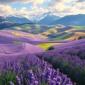 Rolling hills blanketed in lavender fields stretching towards a picturesque village nestled at the foot of snow-capped mountains, soft light, painterly style, calming atmosphere