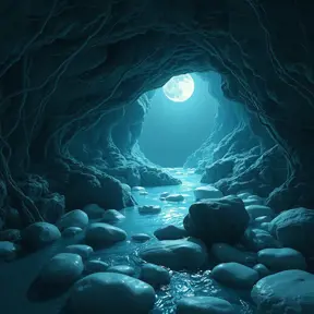 A hidden grotto bathed in ethereal moonlight, with crystal clear water flowing over smooth, white stones. Bioluminescent creatures illuminate the cave walls, casting an otherworldly glow.