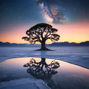A lone, ancient tree silhouetted against a breathtaking sunset over a vast, reflective salt flat, stars beginning to appear in the deep blue sky, dreamlike and ethereal
