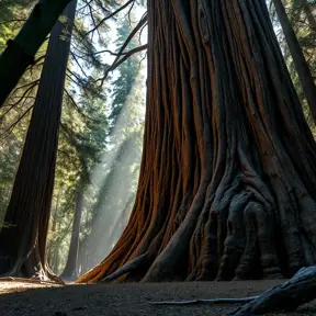 A massive, ancient sequoia tree, its bark deeply furrowed and textured. Sunlight filters through its canopy, illuminating a carpet of fallen needles on the forest floor.