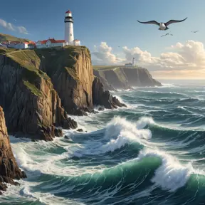 A rugged coastline with towering cliffs carved by the relentless ocean waves, where seabirds soar overhead and a lighthouse stands as a beacon of hope.