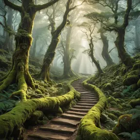 A mystical forest bathed in mist, ancient trees adorned with glowing moss, a path winding its way through the ethereal landscape, dappled sunlight, magical realism