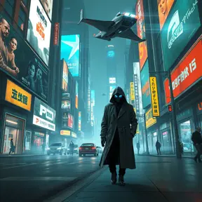 A cyberpunk street scene, holographic projections of advertisements flicker on buildings, robotic police patrol the streets, a lone figure in a trench coat walks down the sidewalk, their face obscured by a glowing mask, a flying car zooms overhead.