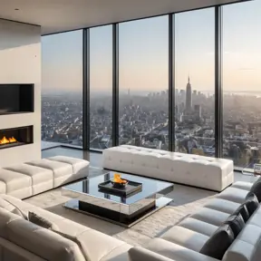 A minimalist living room with a large, panoramic window overlooking a bustling city skyline. Sunlight streams through the window, illuminating a white leather sofa, a sleek coffee table made of polished chrome, and a modern fireplace with a glowing fire.