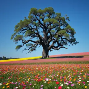 A field of vibrant wildflowers bursting into bloom, stretching as far as the eye can see. A solitary, ancient oak tree stands sentinel, its gnarled branches reaching out like protective arms.