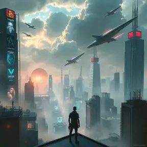 A panoramic view of a cyberpunk city, sprawling skyscrapers pierce the smog-filled sky, holographic advertisements flash on buildings, flying vehicles weave through the air, a lone figure stands on a rooftop, gazing at the sprawling cityscape.