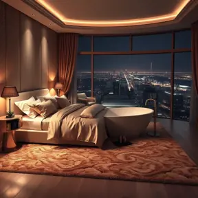 A luxurious bedroom with a king-size bed draped in silk sheets, a plush rug, and a large, freestanding bathtub with a view of a sparkling city at night. The room is bathed in soft, warm lighting.