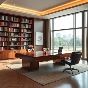 A spacious, open-plan office with a large, floating desk made of polished wood, a comfortable leather armchair, and a wall of bookshelves filled with colorful books. A large window provides natural light and a view of a city park.