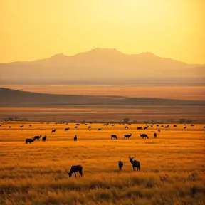 A panoramic view of a vast, golden savannah at dawn, with herds of wildlife grazing and a distant, snow-capped mountain range on the horizon.