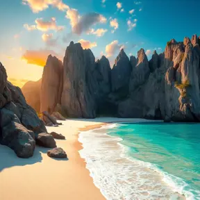 A pristine, white-sand beach with turquoise waters lapping at the shore, backed by towering, jagged cliffs and a vibrant, tropical sunset.