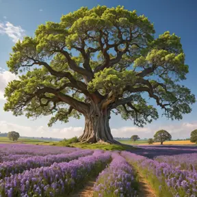 A field of vibrant wildflowers bursting into bloom, stretching as far as the eye can see. A solitary, ancient oak tree stands sentinel, its gnarled branches reaching out like protective arms.