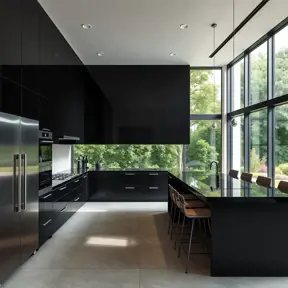 A futuristic kitchen with sleek, black cabinetry, stainless steel appliances, and a large island featuring a built-in induction cooktop and a breakfast bar with high-backed stools. A wall of windows overlooks a verdant garden.