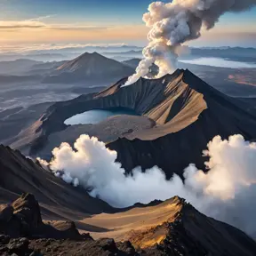 A breathtaking view from the summit of a volcanic peak, with plumes of smoke rising from the crater. Below, a vast, undulating landscape stretches out towards the horizon, dotted with scattered villages.