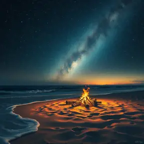 Beneath a sky filled with twinkling stars, a bonfire crackles on a secluded beach, waves gently lapping at the shore. (Night sky, campfire, ocean, serene)