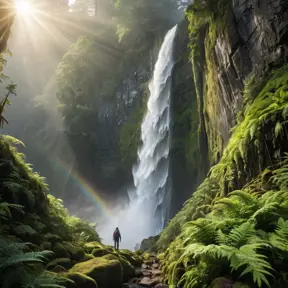 A majestic waterfall cascading down a sheer cliff face, sunlight illuminating the mist, creating a rainbow. Lush ferns and moss adorn the rocks, with a lone hiker silhouetted against the spray.