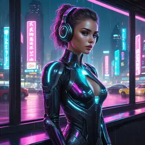 A cyberpunk nightclub, pulsating with neon lights and synthwave music, dancers with cybernetic enhancements move in a hypnotic trance, a holographic DJ spins futuristic beats, a lone figure stares out the window at the rain-soaked city.
