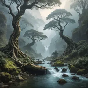A mystical, fog-covered valley with ancient, twisted trees and a hidden, sparkling river that winds through the mist, revealing hidden waterfalls.