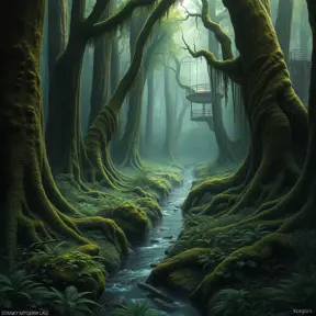 A dense, ancient forest with towering, moss-covered trees, a carpet of ferns, and a hidden, crystal-clear stream winding through the undergrowth.