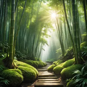 Deep within a bamboo forest, sunlight filters through the leaves, illuminating a moss-covered path. (Zen, meditation, green, ethereal)