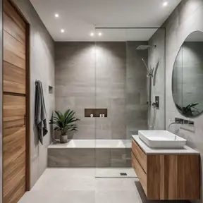 A modern bathroom with a large, walk-in shower featuring a rainfall shower head, a floating vanity with a sleek sink and mirror, and a heated towel rack. The room features a minimalist color palette with accents of warm wood and natural stone.