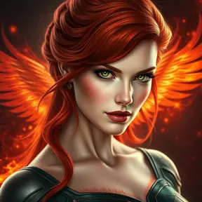 Portrait of Jean Grey, fiery red hair, emerald green eyes, powerful, elegant, phoenix fire in the background, intricate details, sharp focus, 8k