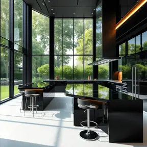 A futuristic kitchen with sleek, black cabinetry, stainless steel appliances, and a large island featuring a built-in induction cooktop and a breakfast bar with high-backed stools. A wall of windows overlooks a verdant garden.