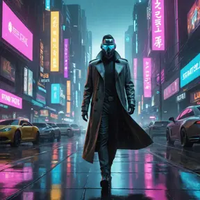 A towering, neon-drenched cyberpunk city, with holographic billboards advertising illicit services and flying vehicles weaving through the smog-filled sky. In the foreground, a lone figure in a trench coat walks down a rain-slicked street, their face obscured by a glowing cybernetic mask.
