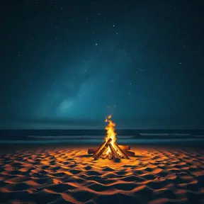 Beneath a sky filled with twinkling stars, a bonfire crackles on a secluded beach, waves gently lapping at the shore. (Night sky, campfire, ocean, serene)