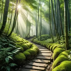 Deep within a bamboo forest, sunlight filters through the leaves, illuminating a moss-covered path. (Zen, meditation, green, ethereal)