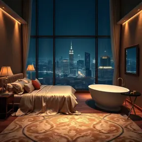 A luxurious bedroom with a king-size bed draped in silk sheets, a plush rug, and a large, freestanding bathtub with a view of a sparkling city at night. The room is bathed in soft, warm lighting.