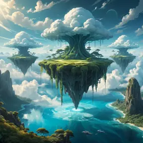 A surreal, otherworldly landscape, with floating islands suspended in a sky filled with swirling clouds. Strange, bioluminescent plants illuminate the scene with an ethereal glow.