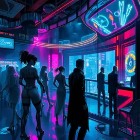 A cyberpunk nightclub, pulsating with neon lights and synthwave music, dancers with cybernetic enhancements move in a hypnotic trance, a holographic DJ spins futuristic beats, a lone figure stares out the window at the rain-soaked city.