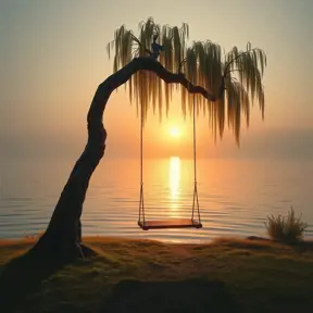 A lone swing hangs from a gnarled willow tree beside a shimmering lake, the setting sun casting golden rays across the water. (Tranquil, serene, peaceful, calming)