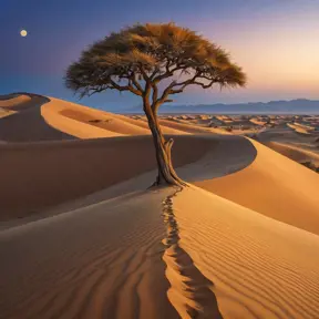 A vast, golden desert under a twilight sky, with dunes stretching endlessly, and a lone, ancient tree standing as a sentinel against the encroaching sands.