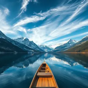 A serene lake nestled within a ring of snow-capped mountains, reflecting the azure sky and wispy clouds. A wooden canoe glides across the glassy surface, leaving a gentle ripple in its wake.