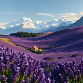 Rolling hills blanketed in lavender fields stretching towards a picturesque village nestled at the foot of snow-capped mountains, soft light, painterly style, calming atmosphere